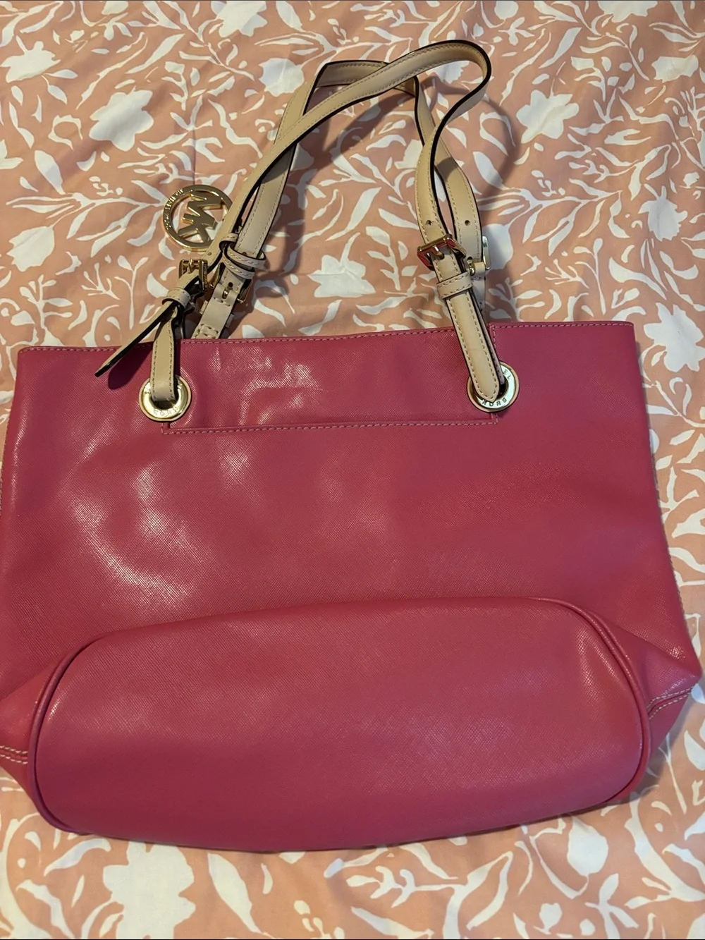 Michael Kors Pink Shoulder Tote with Beige Straps